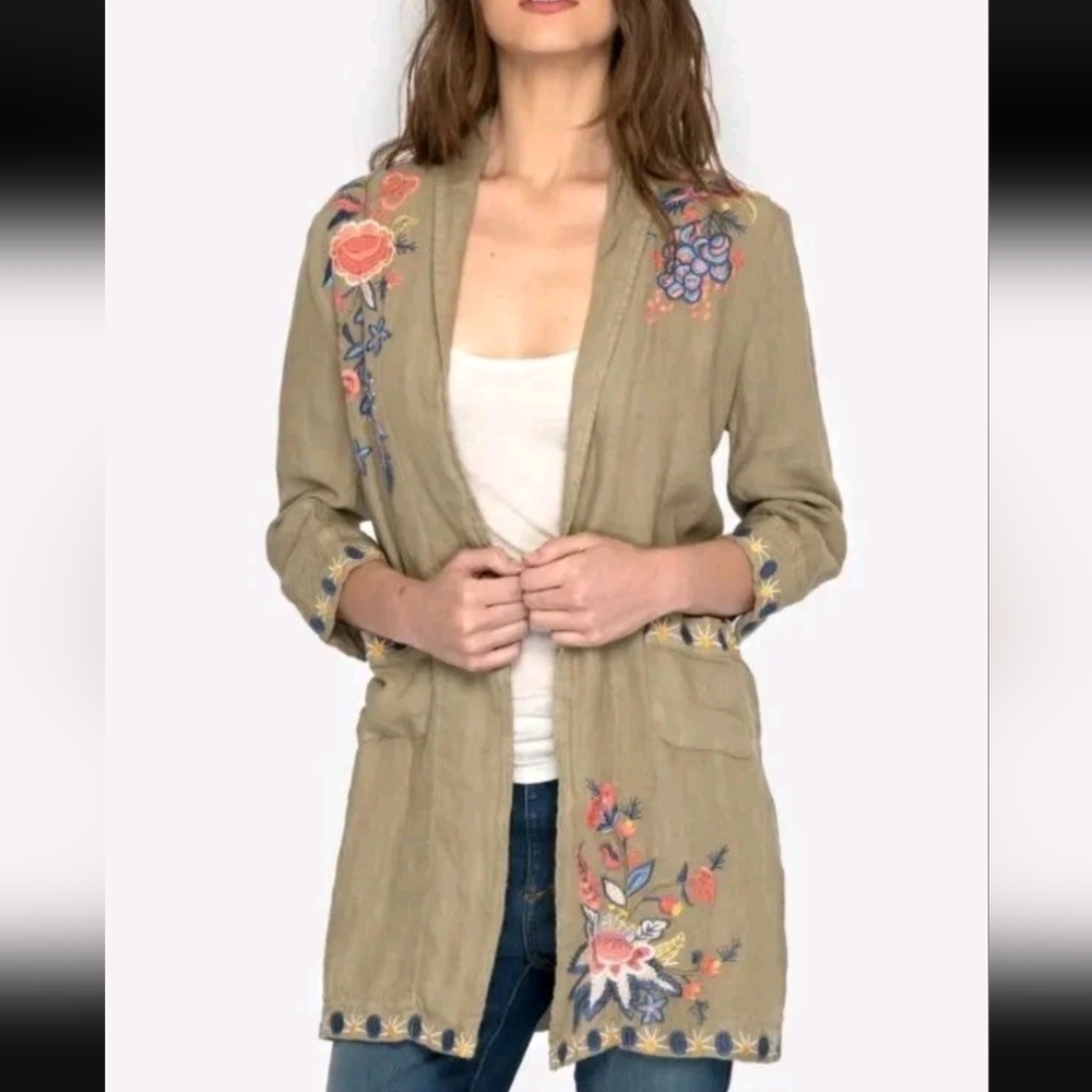 Johnny Was Tiwa Olive Linen Embroidered Women's XS Kimono Heavy Coat